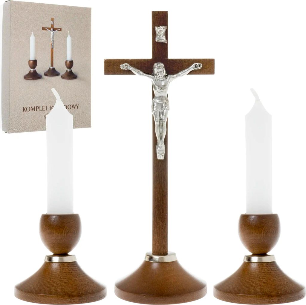 Weihnachtslieder-Set mit Holzkreuz und Kerzenständern, dunkelbraun, 19 cm