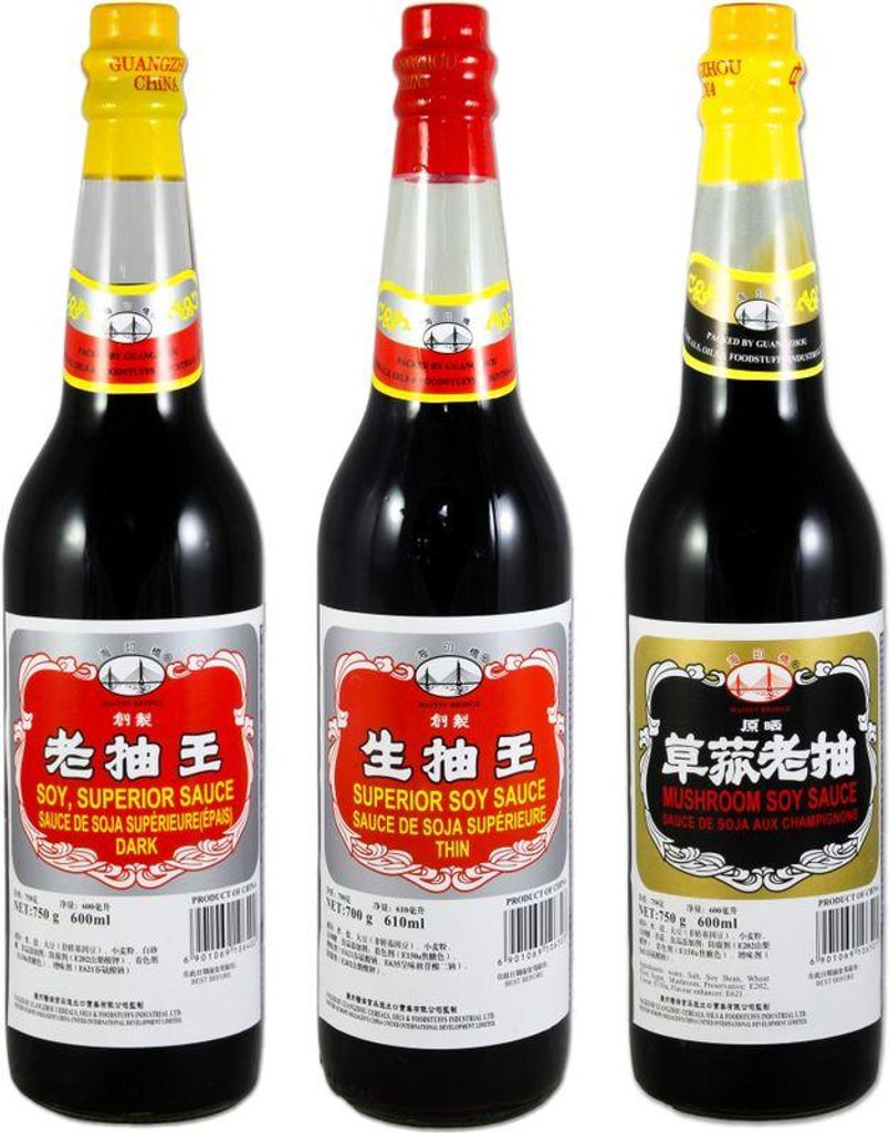 3 verschiedene Sorten Sojasauce von Haiyin Bridge (Dunkel, Hell, Pilz) Sojasoße