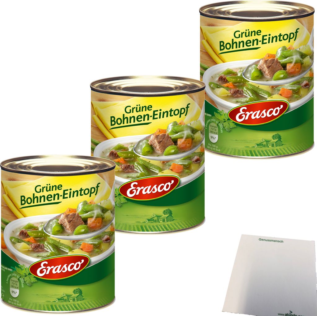 Erasco grüne Bohnen Eintopf 3er Pack (3x800g Dose) + usy Block