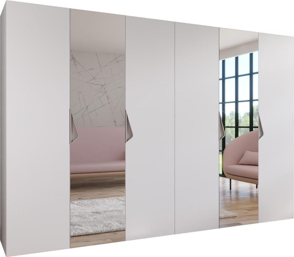 MEBLE KRYSPOL Schrank 300x202x52 cm mit Kleiderstange & Spiegel, 6xTür, SANDI, Weiß, Griff Kaschmir