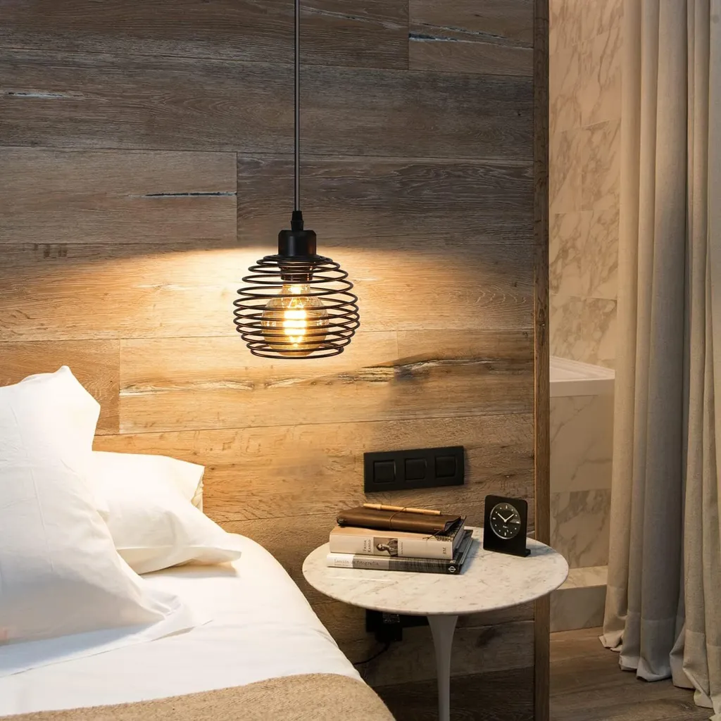 ZMH Lampada a sospensione vintage industriale - Lampada a sospensione nera da tavolo con interruttore e spina E27 Design retrò 1fla. Max.60W luce a sospensione per camera da letto soggiorno cucina ristorante bar - 8