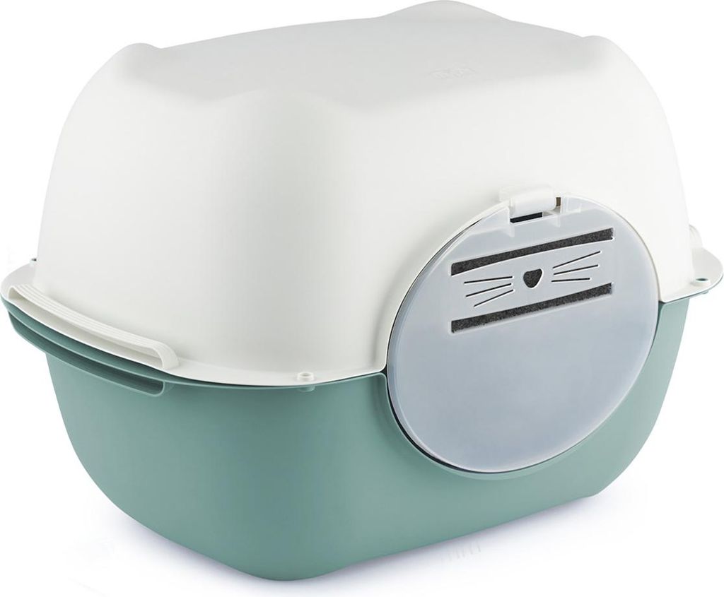 Rotho Katzentoilette mit Haube Bella – 56 x 39,5 x 38 cm – Katzenklo mit Schwingtür und Aktivkohlefilter – geruchsdicht & aus recyceltem Kun...