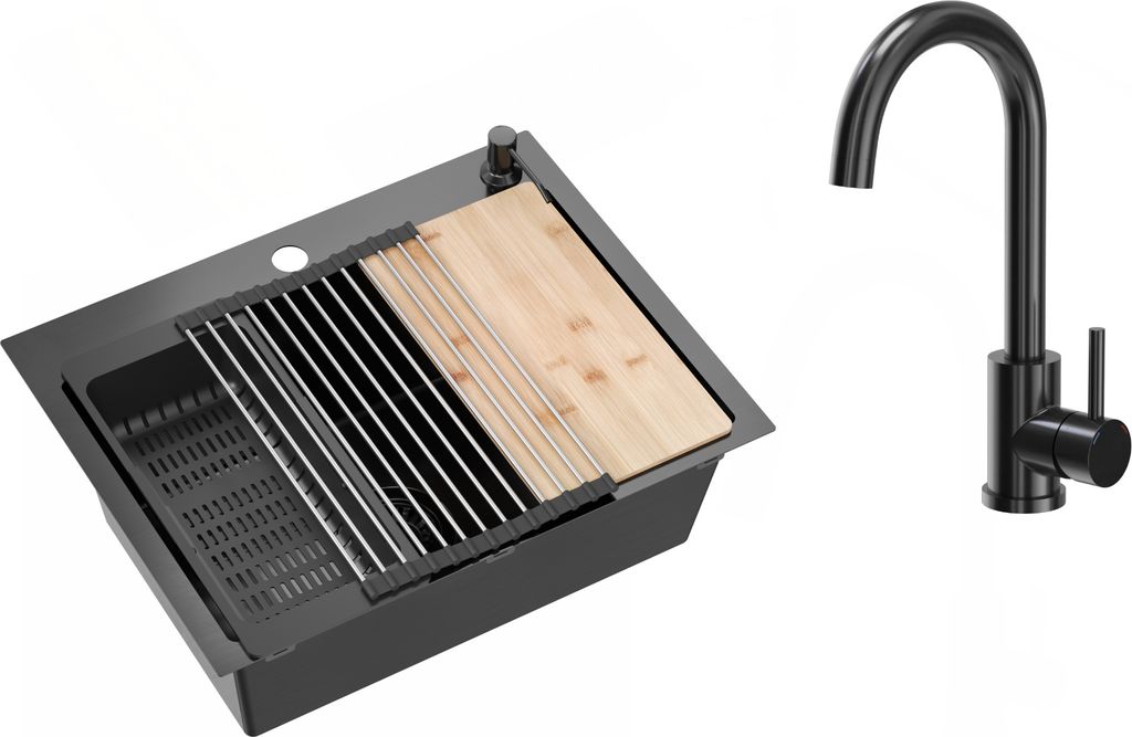 VBChome Edelstahlspüle mit Armatur 58 x 45 cm Schwarz Zubehörset Spender Schneidbrett Rollmatte Faltbarer Abtropfständer Zwei Löcher Siphon
