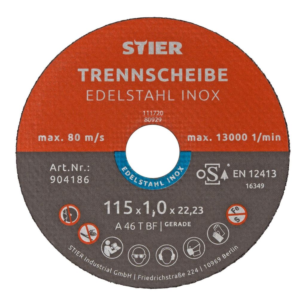 STIER Trennscheibe für Edelstahl/INOX, Metall, Stahl, Ø Flexscheibe: 115 x 1,0 x 22,23 mm, gerade, Set mit 25 Stück, für Winkelschleifer