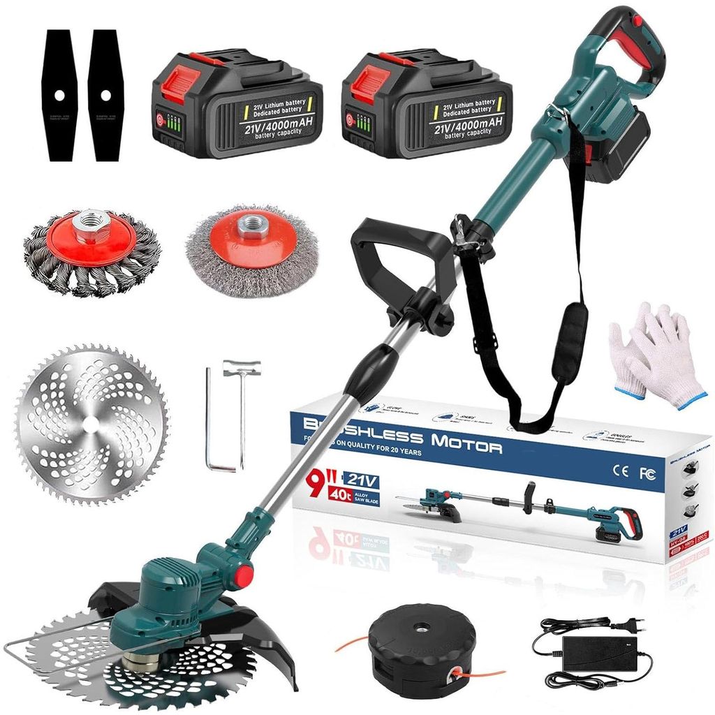 750W Akku Rasentrimmer mit 2× 4000mAh Akkus, Bürstenloser Motor Rasentrimmer mit Unkrautbürste, Freischneider mit Akkus & Ladegerät
