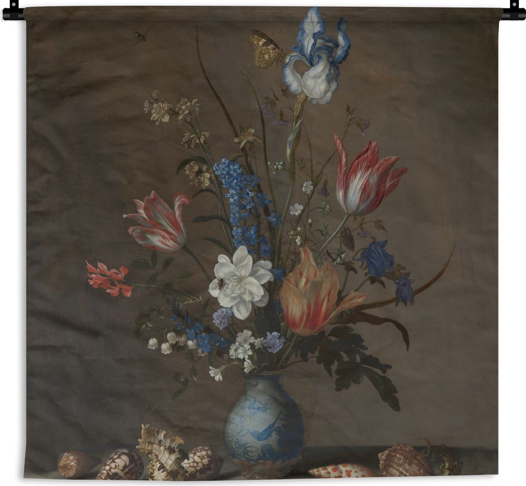 MuchoWow Wandteppich Wandbehang Blumen in einer Wan-Li-Vase und Muscheln - Gemälde von Balthasar van der Ast 90x90 cm Tapisserie Dekoration Wand...