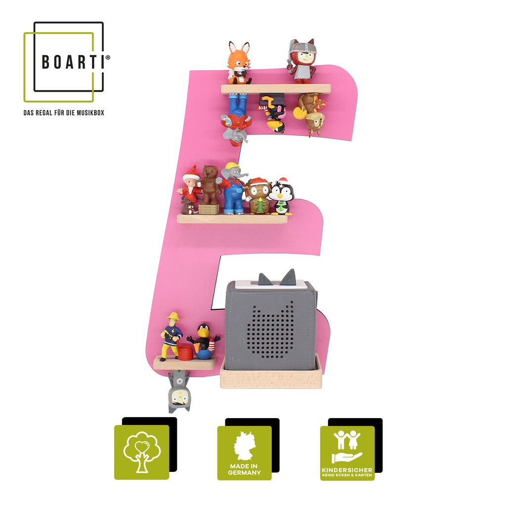 BOARTI Kinderregal Buchstabe E | hängend für Toniebox und Tonie Figuren | platzsparendes Regal | H. 47 x B. 32 x T. 19 | Wandregal Musikbox und F...