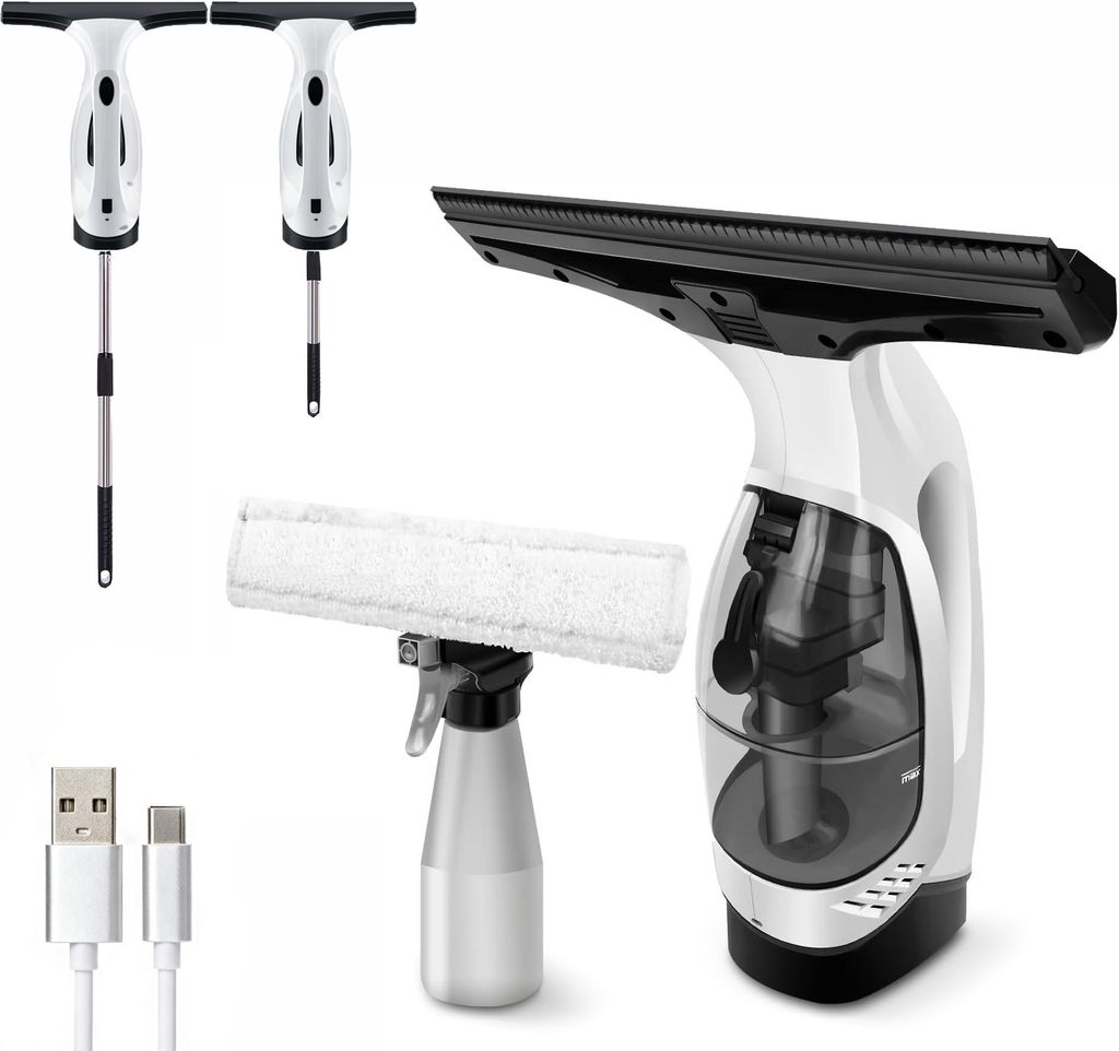 Akku Fenstersauger mit Stiel 2000Pa 150ml Tank 35min Laufzeit 28m Saugdüse 300ml Sprühflasche mit Mikrofasertuch IPX4 für 360°streifenfreie Re...
