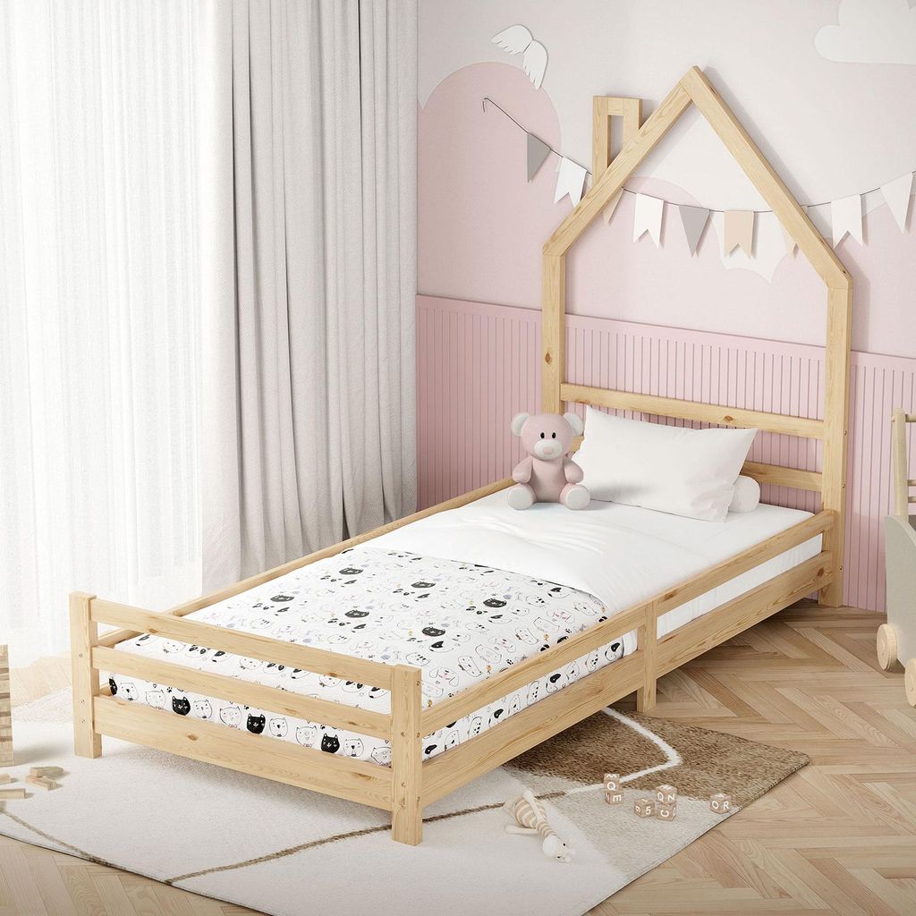 ML-Design Kinderbett Haus 90x200 cm Natur, Hausbett für Kinder, Holzbett mit Lattenrost, Schornstein Design, Jugendbett aus massivem Kiefernholz