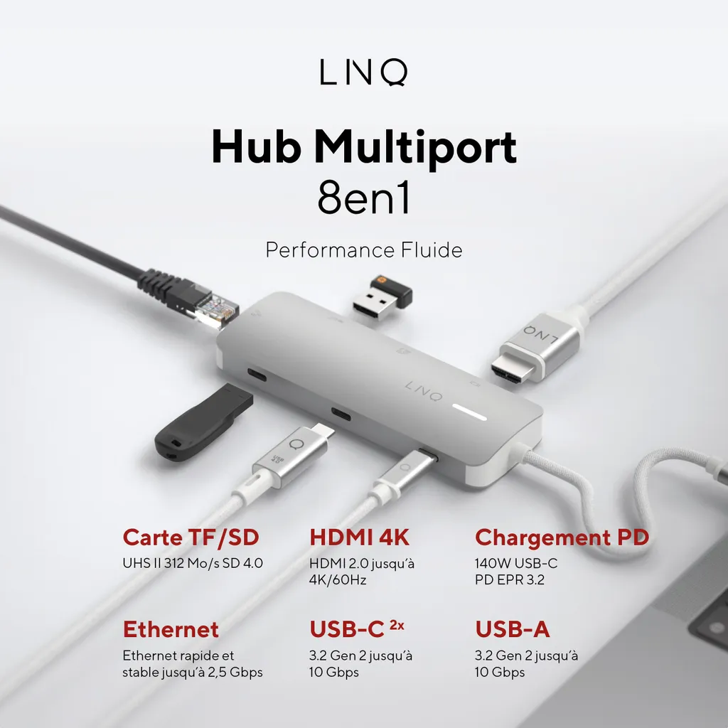 Hub Multiport 8-en-1 LINQ Connects Pro-C HDMI 4K et Ethernet 10Gbps