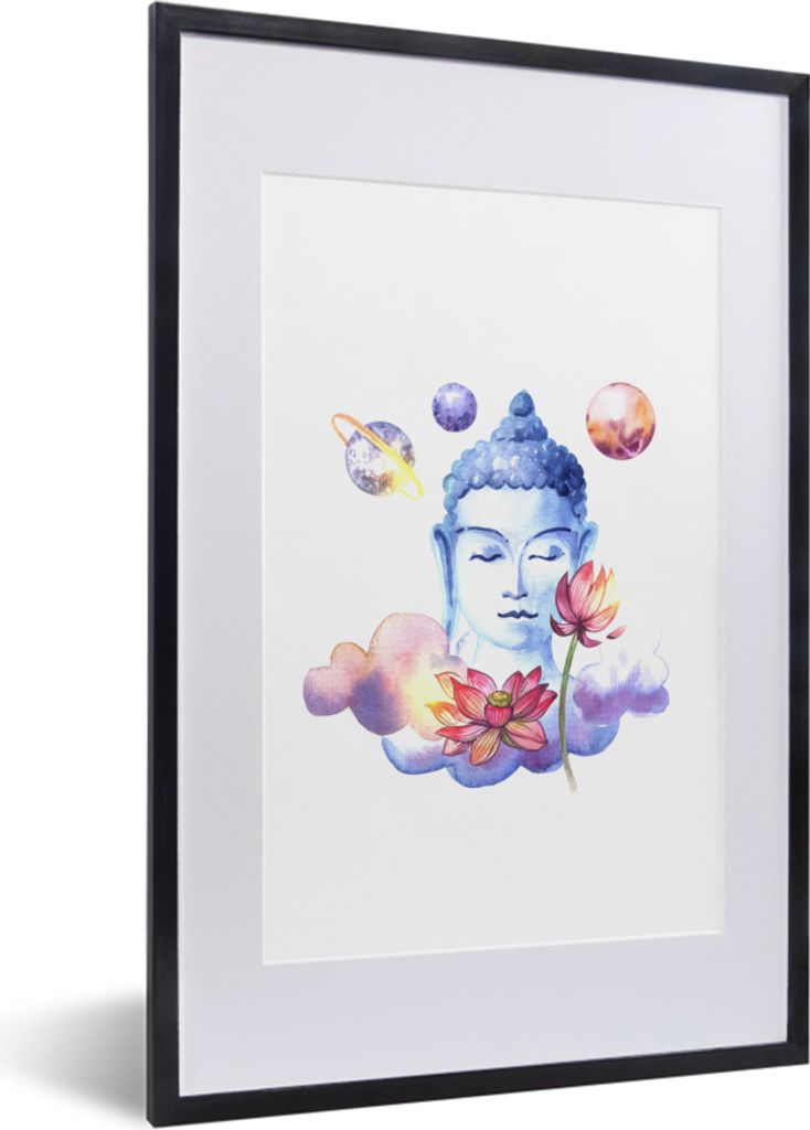 MuchoWow MuchoWow Gerahmtes Poster Buddha - Gesicht - Blau 40x60 cm - Poster mit zchwarzem Bilderrahmen - Poster in Rahmen