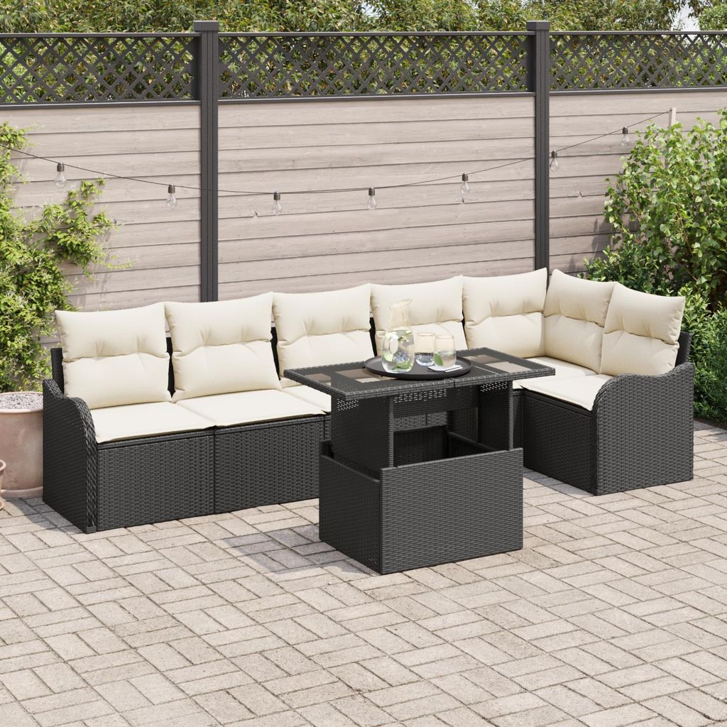 7-teiliges Garten Sofa Set mit Kissen Schwarz Poly Rattan, Gartensofas DesignMöbel Neu