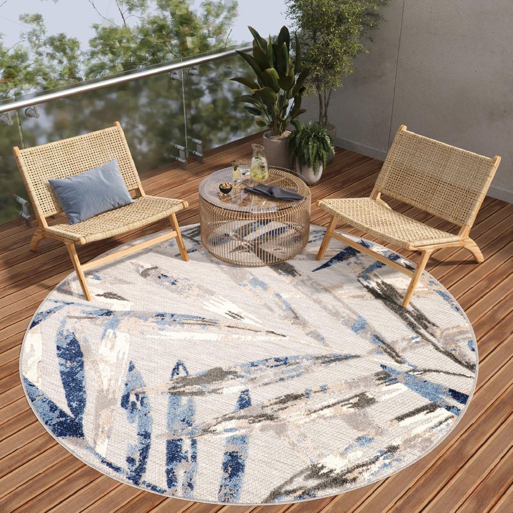Tapiso Teppich PATIO Rund Modern Grau Creme Blau Schlafzimmer 80 x 80 cm
