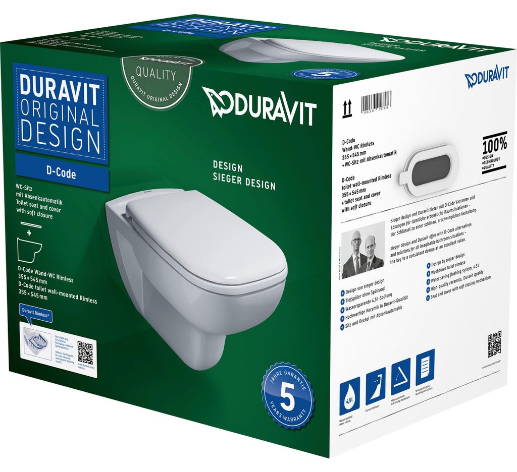 Duravit WC-Set wandhängend, D-Code, Rimless Set 457009, weiß, 1 Stk.