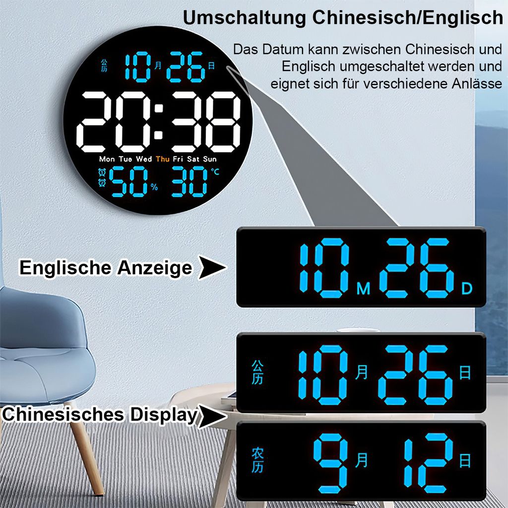 Digitale Wanduhr mit Fernbedienung, LED-Uhr mit 10-stufiger Produktbild 6