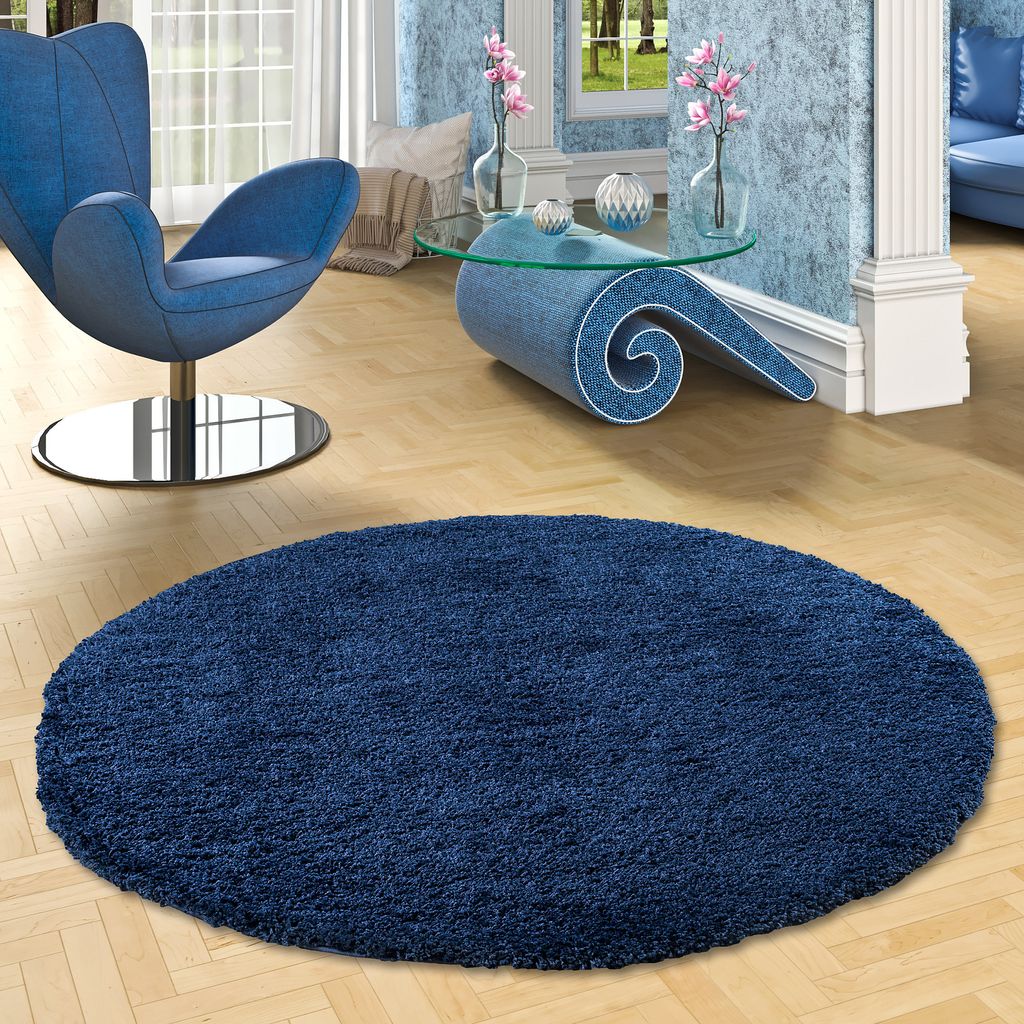 Hochflor Langflor Shaggy Teppich Luxury Denim Blau Rund, Größe:150 cm Rund