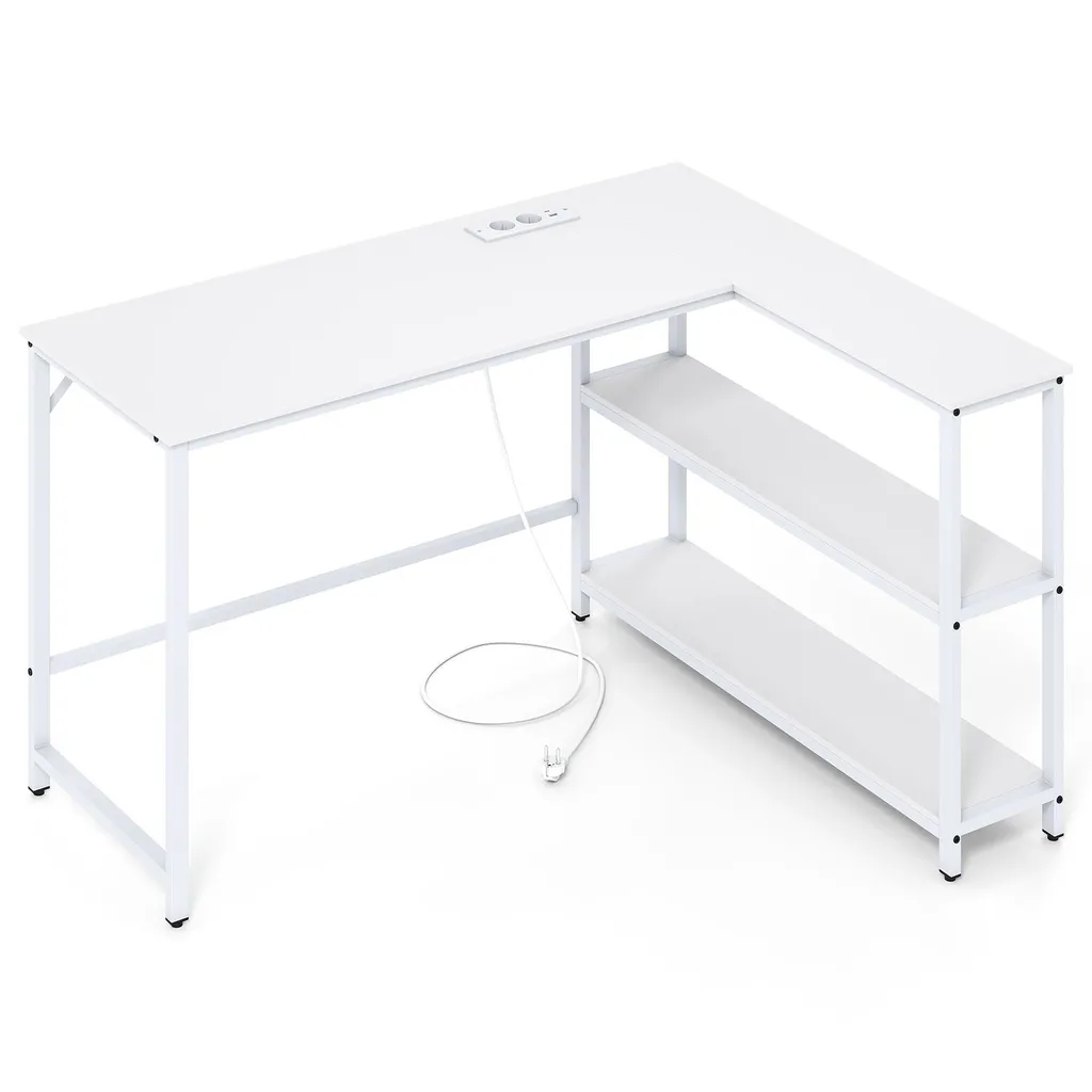 Table de jeu blanche en L avec prises de courant et cadre métallique