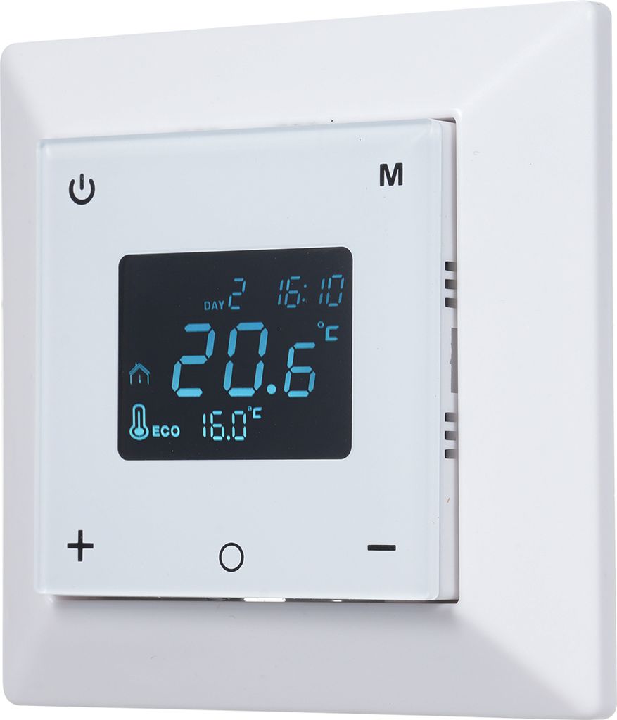 A white thermostat with a digital display is shown against a white background.