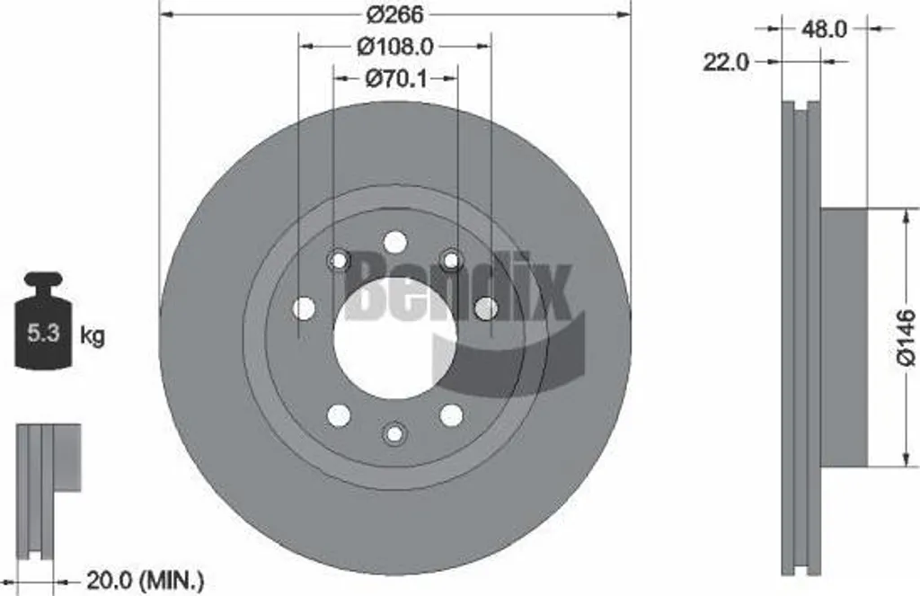 Disque de frein ventilé Bendix BDS1107 compatible Peugeot 308 d'origine