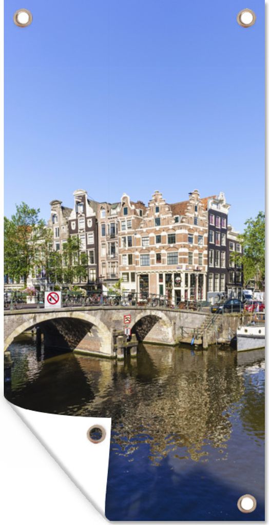 MuchoWow 80x160 cm Outdoor-Poster Gartendeko Sichtschutz Garten Poster für den Garten Spiegelung einer Brücke in der Nähe der Brouwersgracht i...