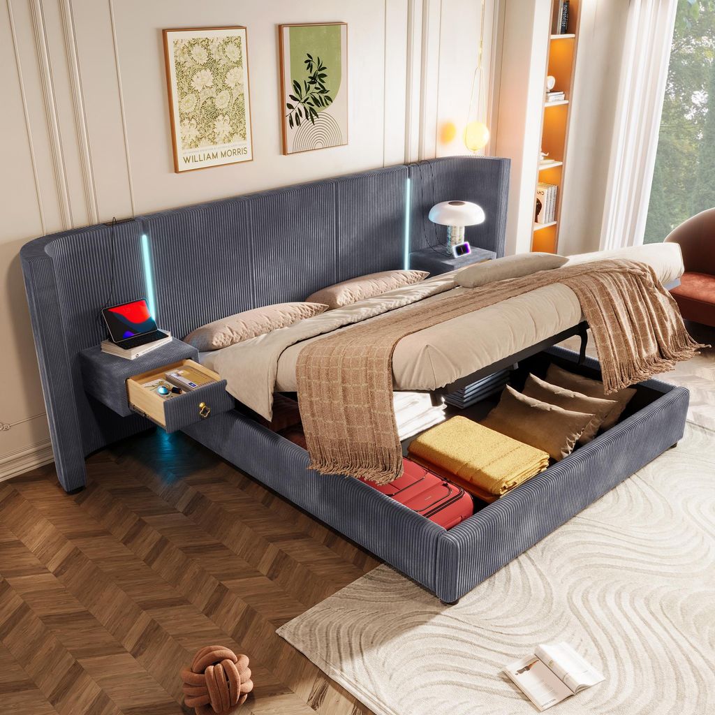 Merax Polsterbett 180x200 cm, mit 2 Nachttisch, hydraulischem Stauraum, LED-Leiste und USB & Type-C Ladefunktion, Samt Polsterbett, Grau