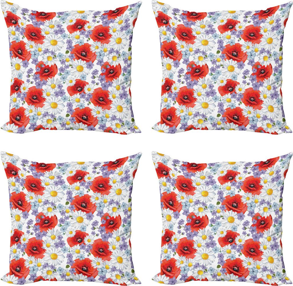 ABAKUHAUS Blume Kissenbezug Set (4 Stück), Poppy und Daisy Blume, Moderner Doppelseitiger Digitaldruck, 60 cm x 60 cm, Lavendel Scarlet