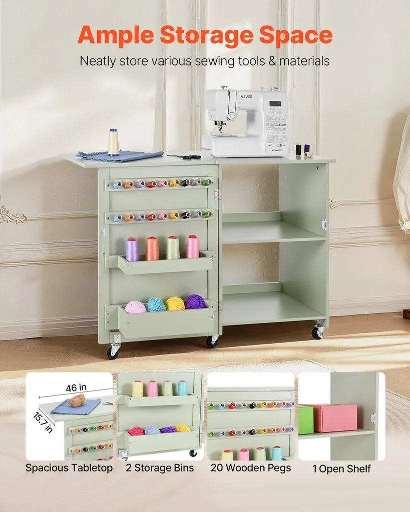 Station de couture pliable à roulettes, design compact et rangement intégré - 2