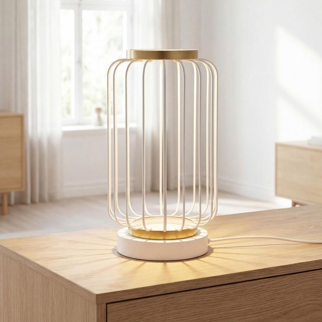 Tischlampe Metall LED 40 cm hoch in Messing matt Weiß rund 3000 K warmweißes Licht 239 lm Modern Drahtschirm