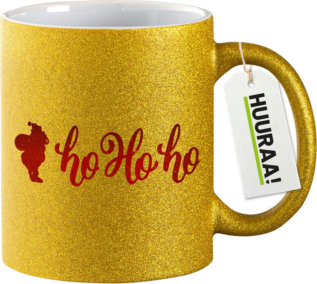 Huuraa Glitzertasse Santa Claus Ho Ho Ho 330ml Gold Keramik Kaffeebecher Geschenkidee