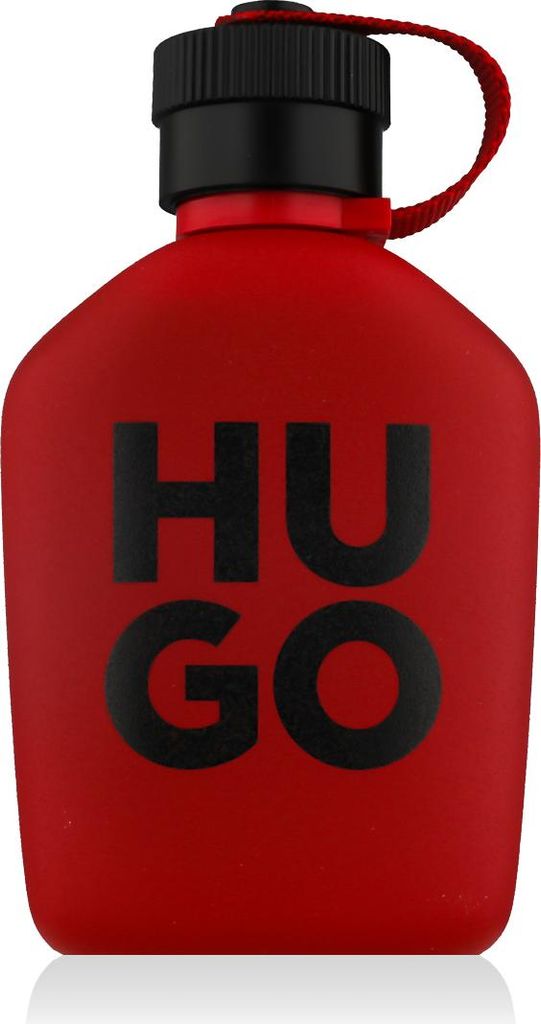 A red Hugo Boss fragrance bottle with black text.