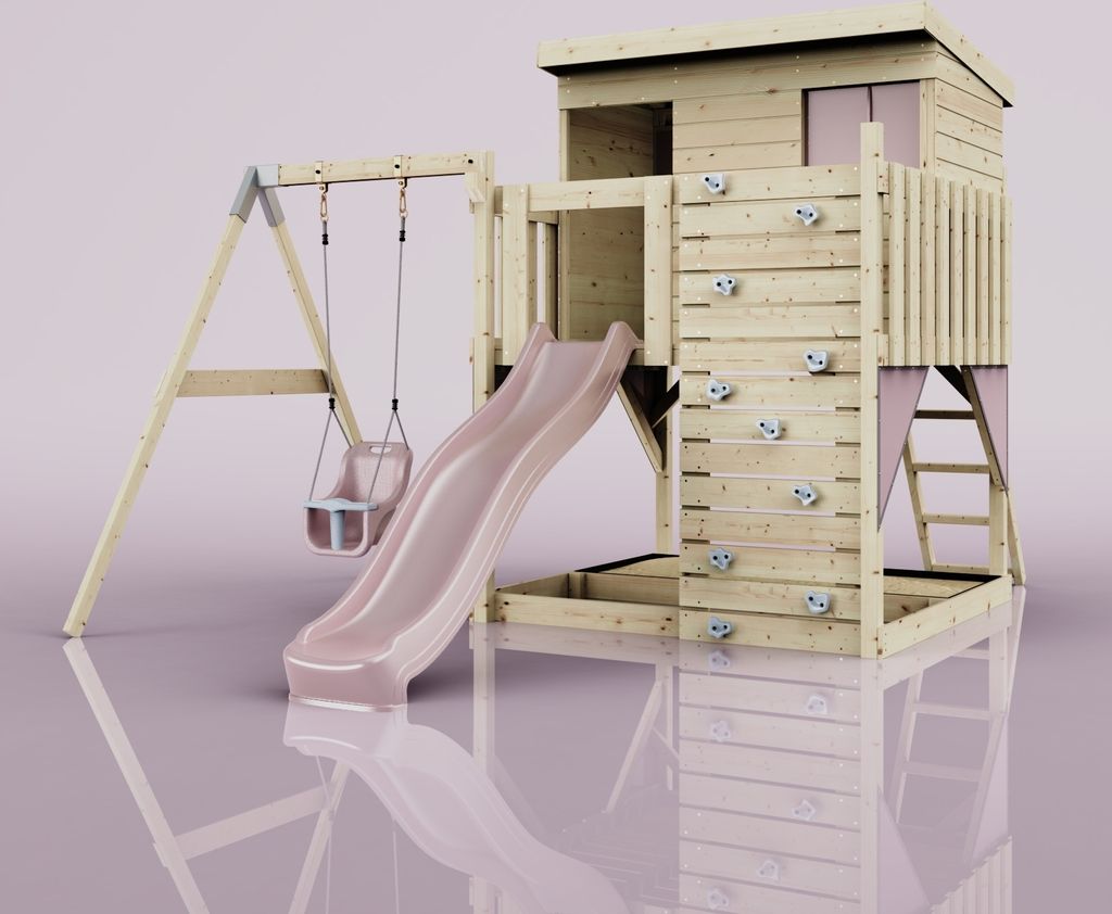 OutdoorToys Spielturm Tjorven aus Holz in Rosa Altrosa, mit Babyschaukel
