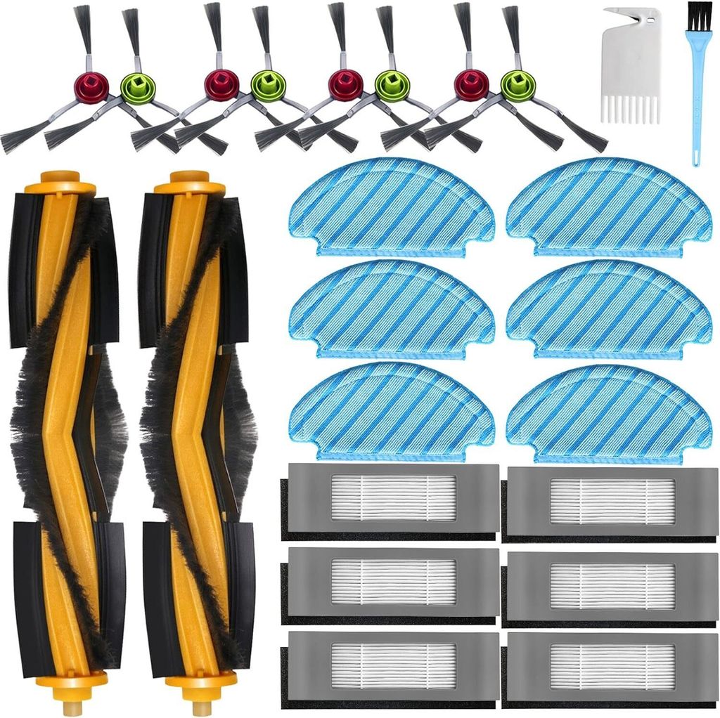 A collection of vacuum cleaner accessories including brushes, filters, and cloths.
