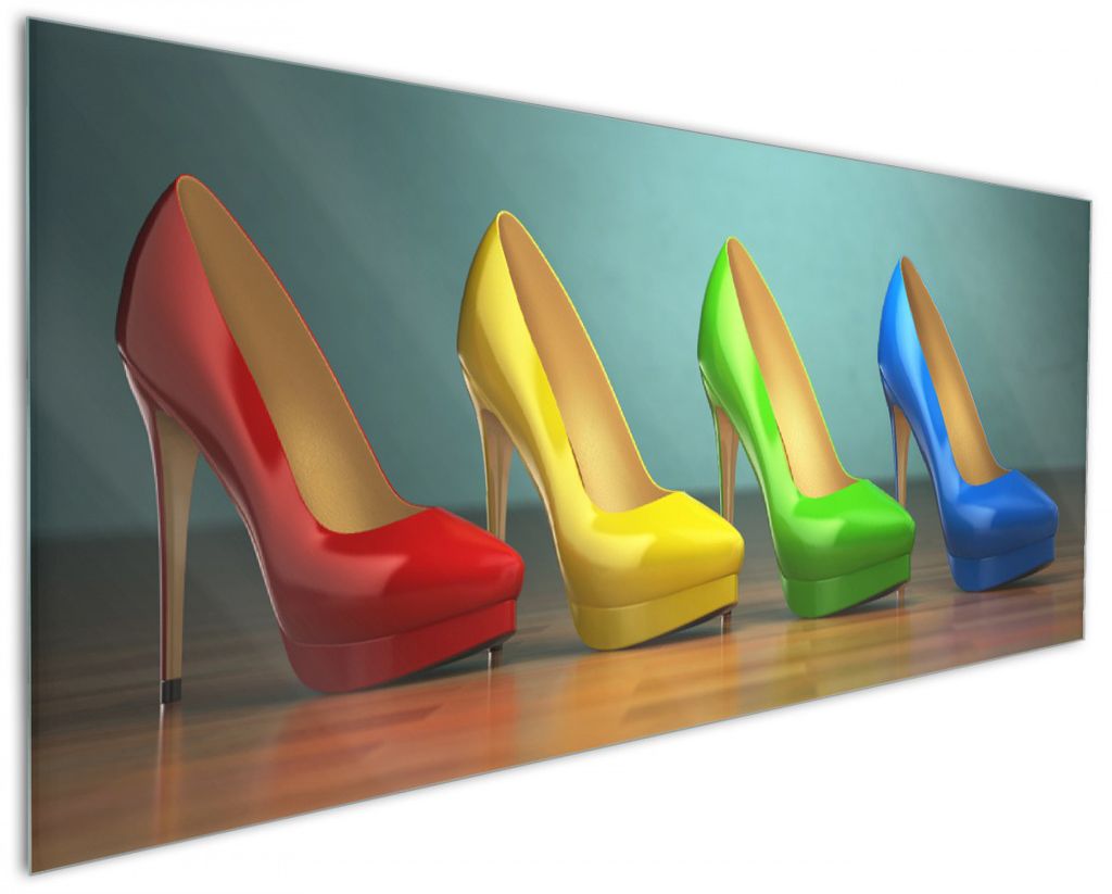Wallario Küchenrückwand aus Glas, Größe: 125 x 50 cm, Motiv: Bunte Schuhe - High Heels für Frauen | Spritzschutz | abwischbar | pflegeleicht | in