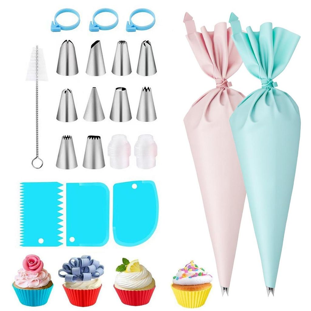 40-teiliges Spritzbeutel Set mit Tüllen, Backzubehör für Tortendeko, inkl. Edelstahl Tüllen, Einweg & Silikon Spritzbeutel, für Cupcakes & DIY...