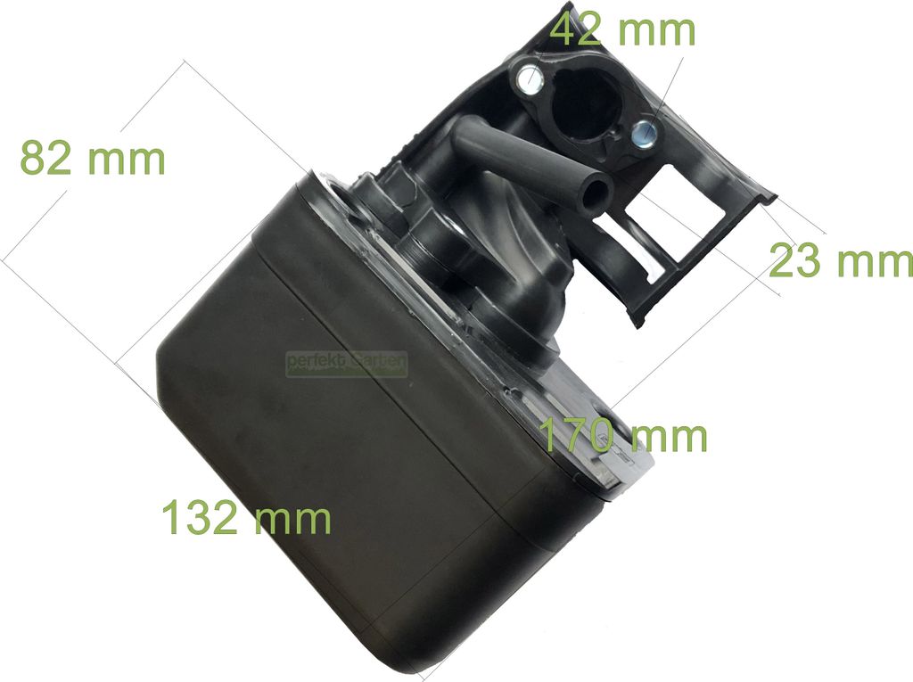 A black plastic air filter housing with dimensions labeled in millimeters.