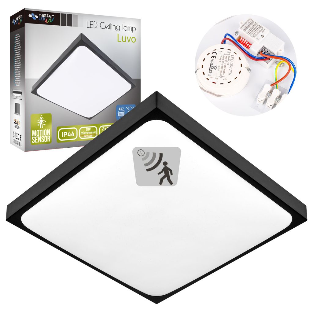 A square black LED ceiling lamp with a white diffuser, shown with its packaging and internal components.