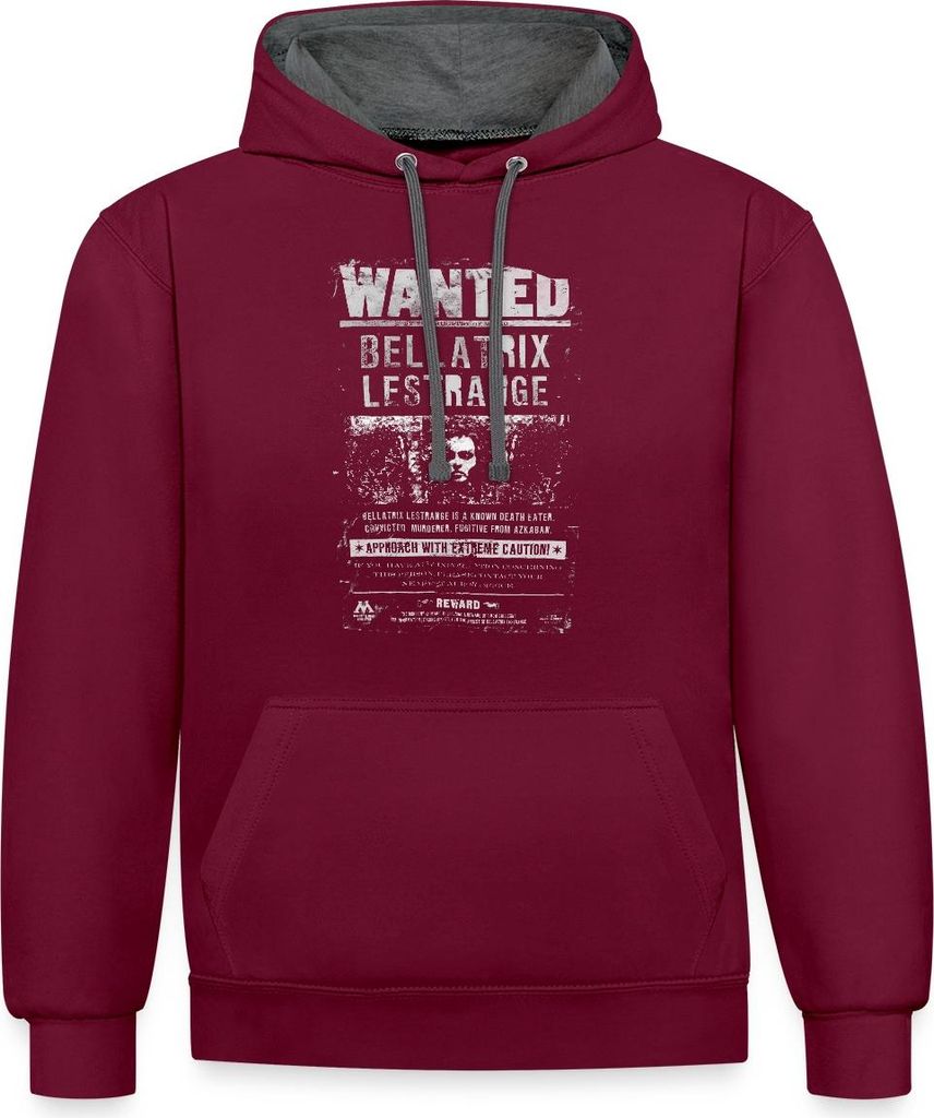 Spreadshirt Harry Potter Bellatrix Lestrange Wanted Poster Uni Kontrast Hoodie, L, Weinrot/Anthrazit