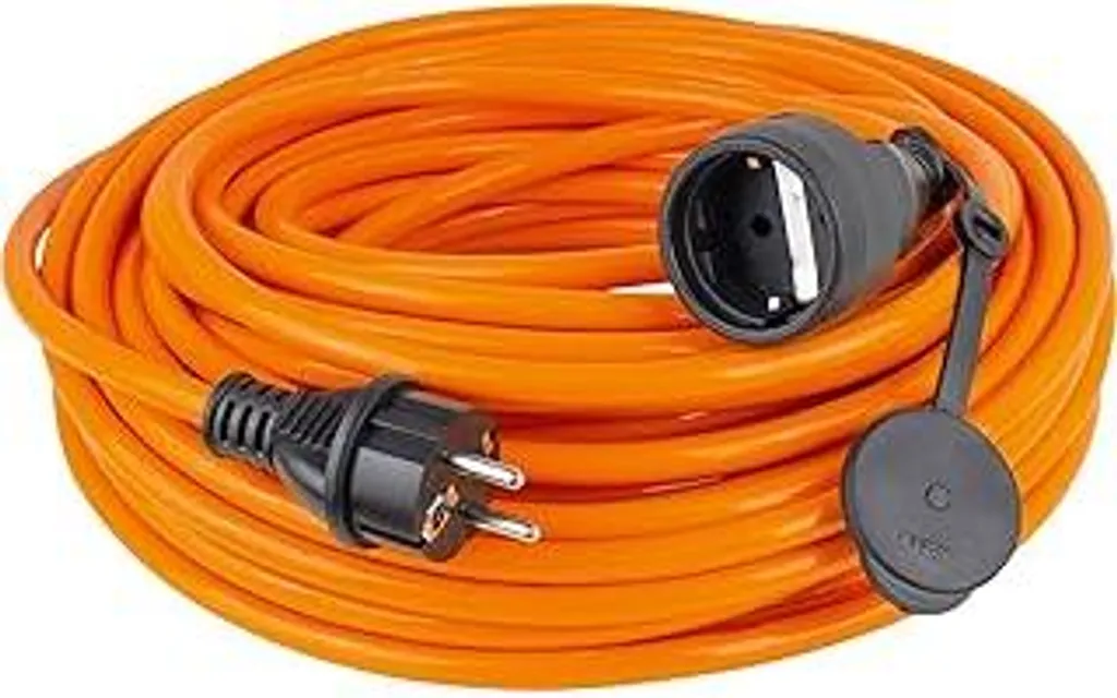 as - Cavo corazzato Schwabe per cantieri edili – 5 m di cavo corazzato robusto H07BQ-F 3G1,5, spina con contatto di protezione e presa con cappuccio di protezione, cavo di prolunga 230 V/16A, IP44, Germany, arancione, 59105 - 1