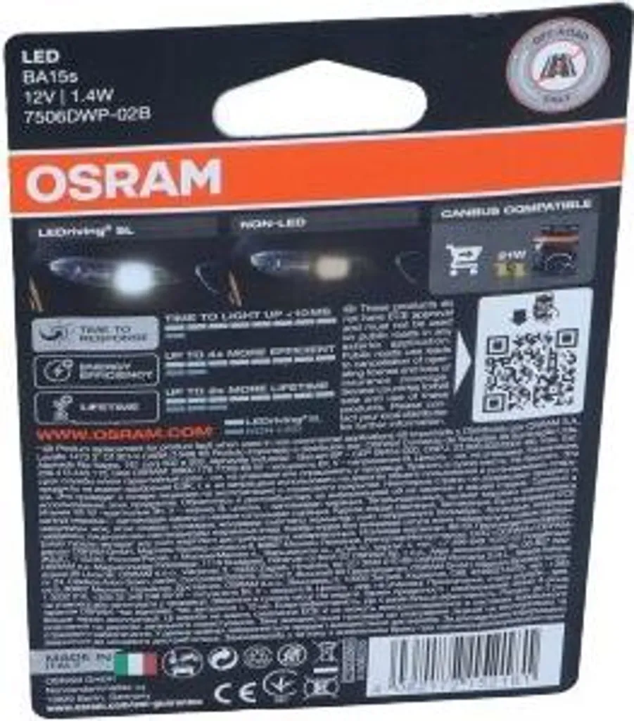 OSRAM LED P21W 7506DWP-02B 12V Luci Ausiliarie | Alta Visibilità 6000K