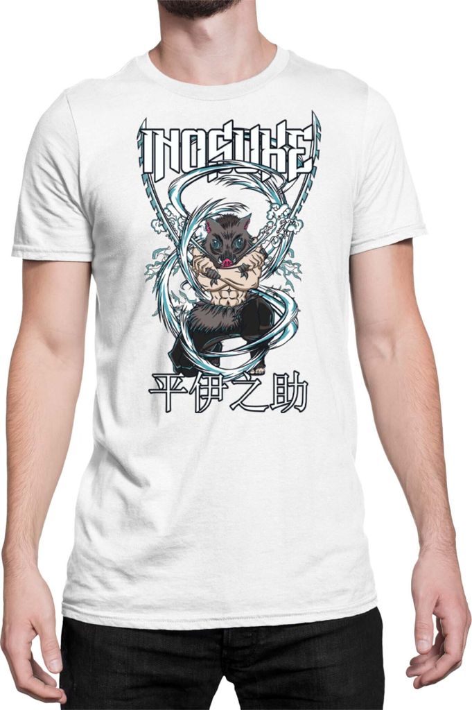 Herren T-Shirt Demon Anime Slayer Kimetsu No Yaiba Inosuke Hashibara 003, Man 2XL / Weiß