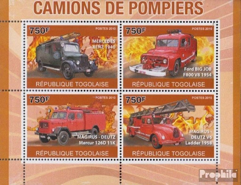 Briefmarken Togo 2010 Mi 3709-3712 Kleinbogen (kompl.Ausg.) postfrisch Feuerwehrfahrzeuge