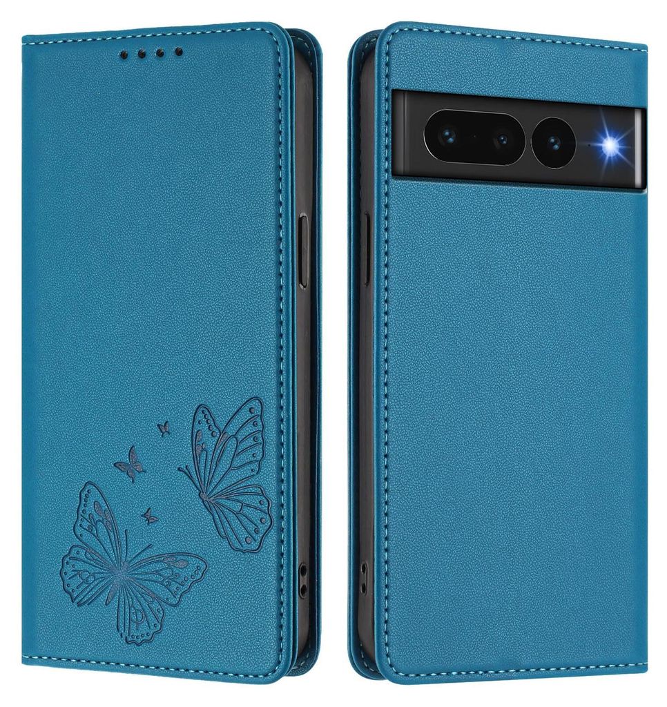 Lederhülle für Google Pixel 7 Pro, Schmetterling Prägung Leder Brieftasche Schutzhülle mit Ständer Blau