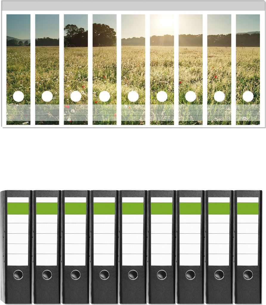 Wallario 9 Stück breite Ordner inkl. Klebeetiketten mit Motive Wiese im Licht der Abendsonne - Set mit Rückenschildern / Ordnerrücken Stickern