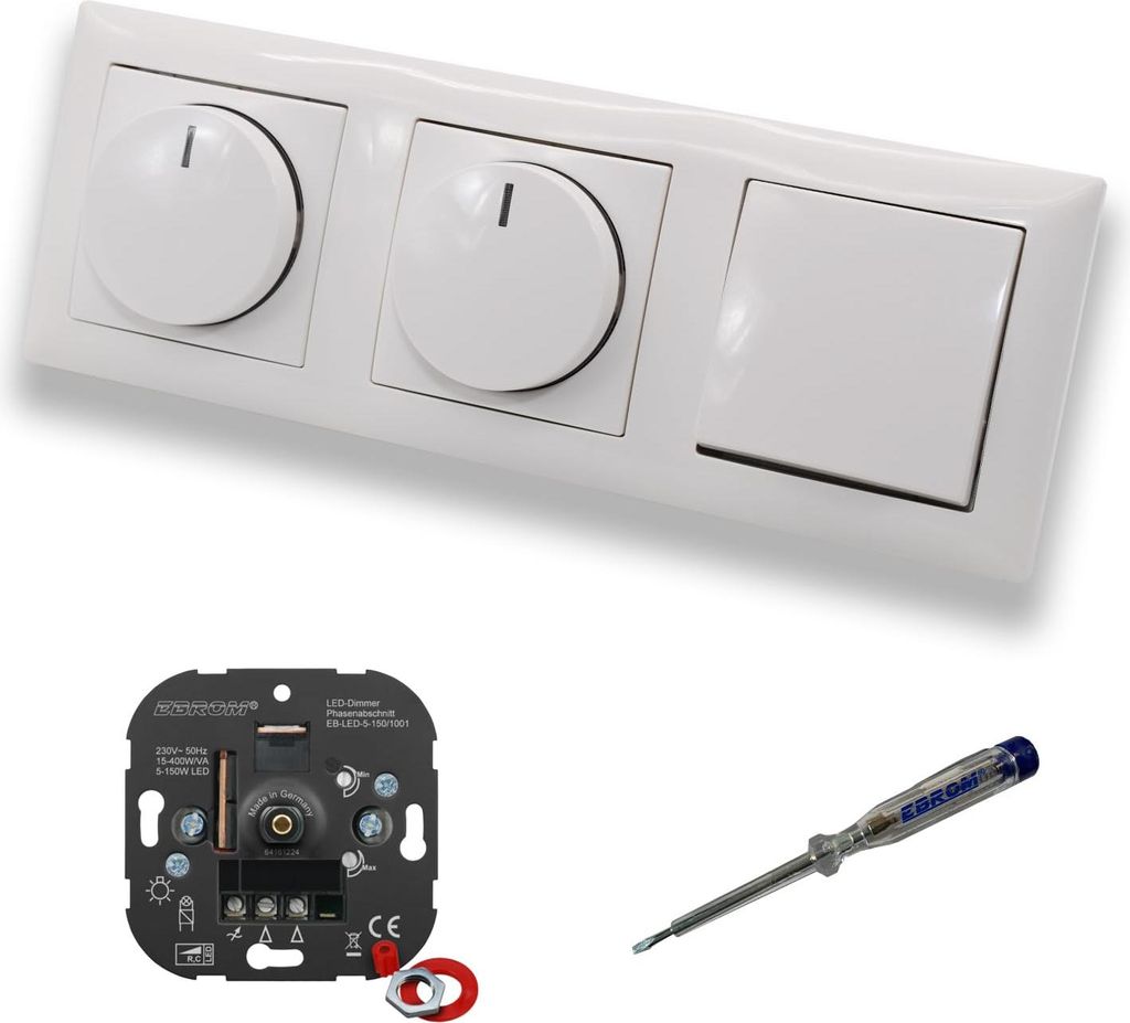 EBROM 1001 (2 x) LED Drehdimmer Dimmer + Busch Jäger Dimmerscheiben 2115-914 und Kreuzschalter 2000/7 US in Balance Si alpinweiß glänzend inklus...