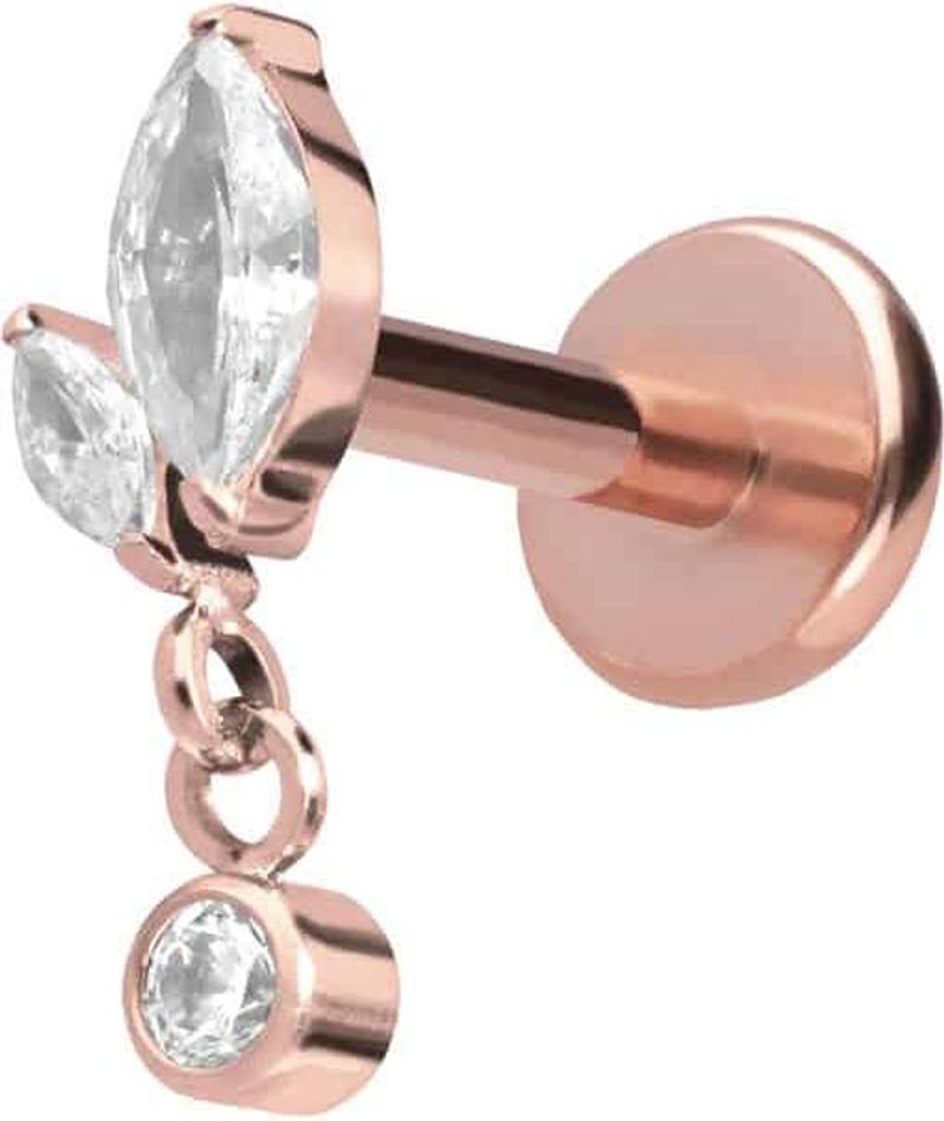 Ohrpiercing, Nasenpiercing Titan Labret mit Push Fit KNOSPE + KRISTALL RoséGold Stablänge: 9mm | Stabstärke: 1mm
