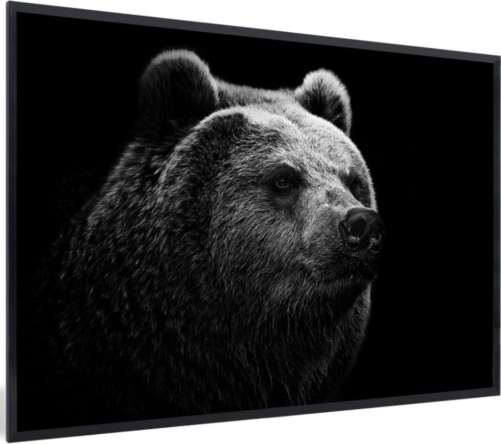 MuchoWow MuchoWow Gerahmtes Poster Kamtschatka-Bär auf schwarzem Hintergrund in schwarz und weiß 60x40 cm - Poster mit zchwarzem Bilderrahmen...