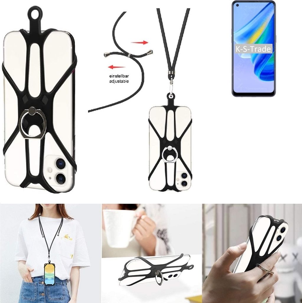 K-S-Trade 3in1 Handykette Handyband Handykordel Halsband Smartphone-Ring Handy-Ring kompatibel mit Oppo A95 4G Fingerhalterung Handyring Tischständer