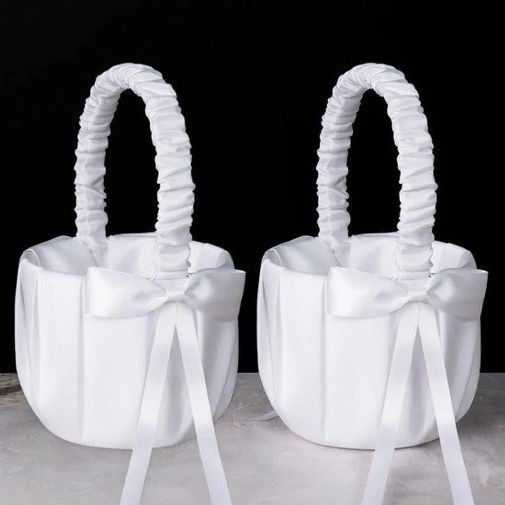 Lot de 2 Paniers de Fleurs Blanches pour Mariage avec Nœud en Satin
