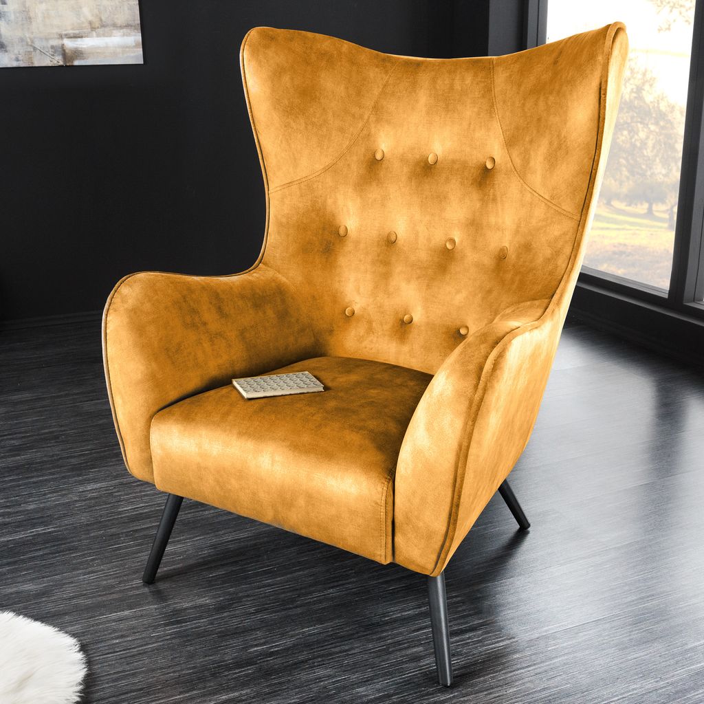riess-ambiente Design XL Sessel AMSTERDAM senfgelb Samt schwarze Metallbeine Retro Stil Lesesessel Relaxsessel Wohnzimmersessel