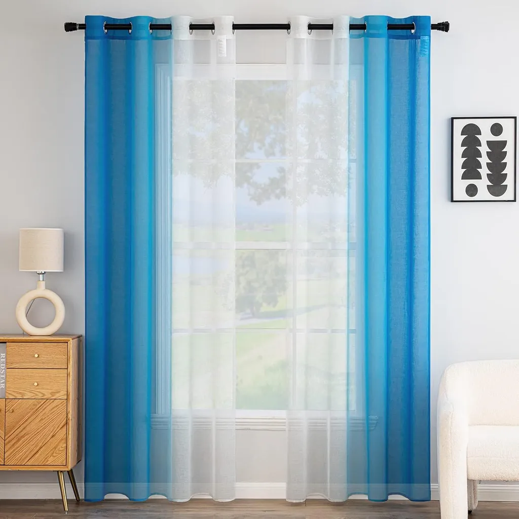 Rideaux en voile bicolore 140x245 cm blanc avec anneaux - Lot de 2 pièces